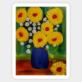 some beautiful sunflowers in a blue vase Sticker